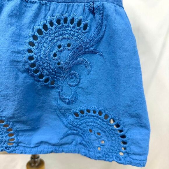 TERZO MILLENNIO Italian Linen Blue Short Sleeve Blouse Embroidered Ruffle Hem L - Picture 2 of 7